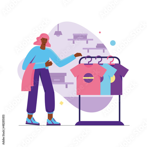 Customer shopping at store modern flat concept. Happy woman chooses clothes in modern showroom of shop. Buyer makes purchases at boutique. Vector illustration with people scene for web banner design