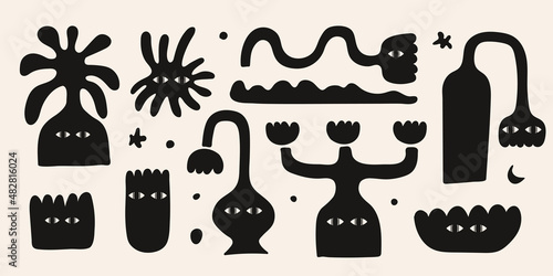 Abstract set with black various strange vases and flowers. Trendy hand drawn fictional characters isolated on a light background. 