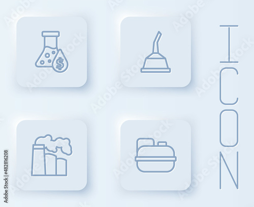 Set line Oil petrol test tube  Canister for motor machine oil  and gas industrial factory and gasoline. White square button. Vector