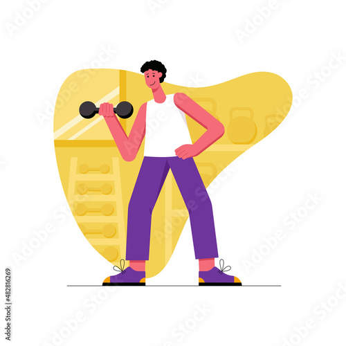 Athlete doing sports activities modern flat concept. Happy man doing exercises with dumbbells. Beginner weightlifter training in gym. Vector illustration with people scene for web banner design