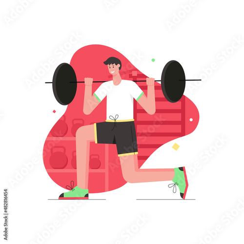 Athlete doing sports activities modern flat concept. Man doing exercises with barbell, power workout. Beginner weightlifter training in gym. Vector illustration with people scene for web banner design