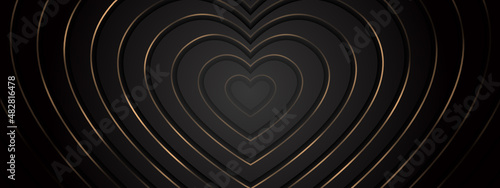 3d white rippled golden hearts with soft shadow on black BG from center. Abstract elegant seamless pattern. Neumorphism ui style. Minimal embossed paper wallpaper. Background luxure. Romantic banner photo