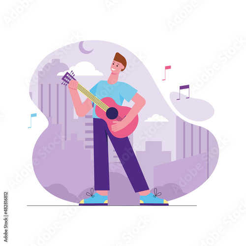 Valentines day celebration modern flat concept. Loving man plays guitar and sings serenade for girlfriend. Declaration of love at holiday. Vector illustration with people scene for web banner design