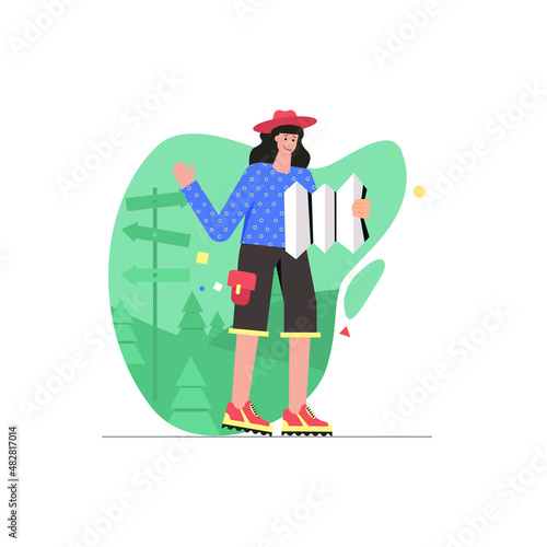 Camping and hiking activities modern flat concept. Woman tourist looks at map and chooses travel route in forest. Backpacking and traveling. Vector illustration with people scene for web banner design