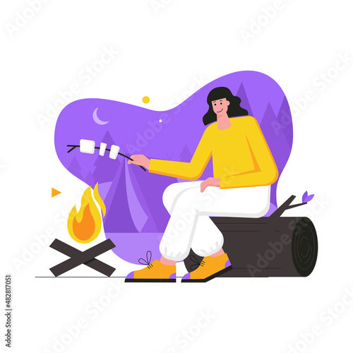 Camping and hiking activities modern flat concept. Woman roasting marshmallows on campfire and rests on picnic. Backpacking and traveling. Vector illustration with people scene for web banner design