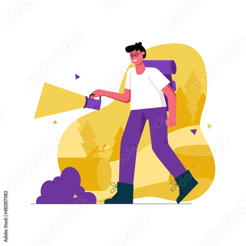 Camping and hiking activities modern flat concept. Man tourist with backpack and flashlight walks through forest. Backpacking and traveling. Vector illustration with people scene for web banner design