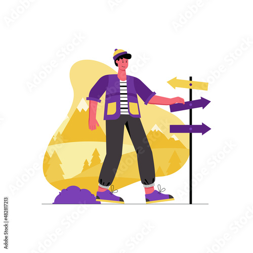 Camping and hiking activities modern flat concept. Man stands near signpost and chooses travel route in mountains. Traveler in trekking. Vector illustration with people scene for web banner design