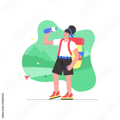 Camping and hiking activities modern flat concept. Woman with backpack drink water from bottle and walking at tourist route in mountains. Vector illustration with people scene for web banner design
