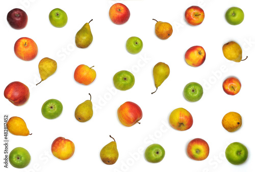  Fruit pattern from fresh apples and pears  on a white background . Flat lay,top view