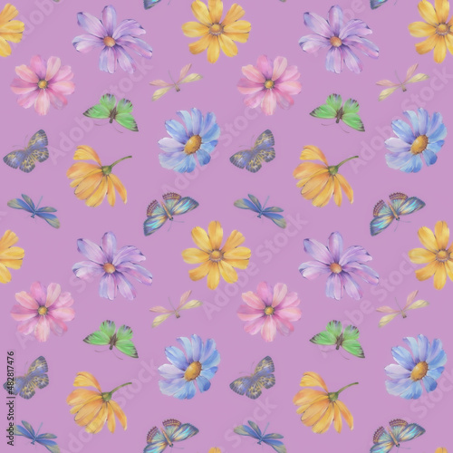 Seamless botanical abstract pattern. A background of flowers and butterflies for design, packaging, printing, wallpaper and scrabbooking. © Sergei