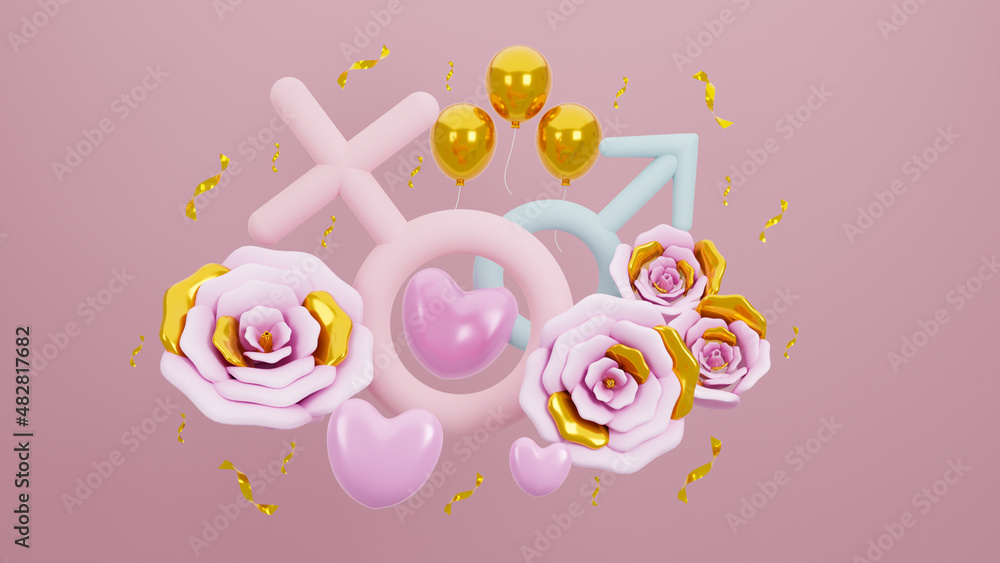 Happy Valentine's Day of gender symbol with rose on pink pastel background. 3d rendering