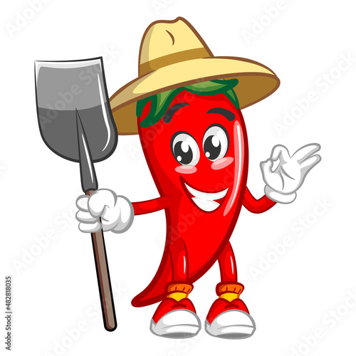 vector mascot character illustration of cute chili farmer icon carrying a shovel