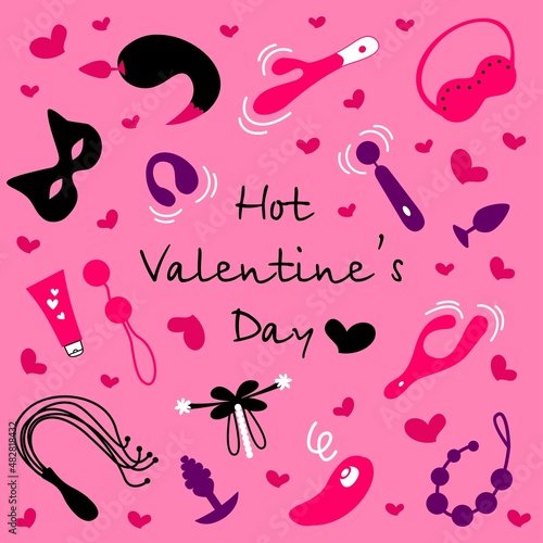 Hot illustration for Valentine's Day.
Cute set of sex toys, vibrators, anal beads, phallus, butt plugs, vagina, erotic arousal for adult men and women. Modern flat image.