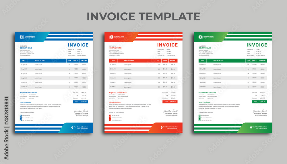 Invoice minimal design for corporate business.Clean invoice template in 3 different colors. Print-ready business price invoices and payment agreement vector bill stationery design templates. Invoice minimal design for corporate business.Clean invoice template in 3 different colors. Print-ready business price invoices and payment agreement vector bill stationery design templates.