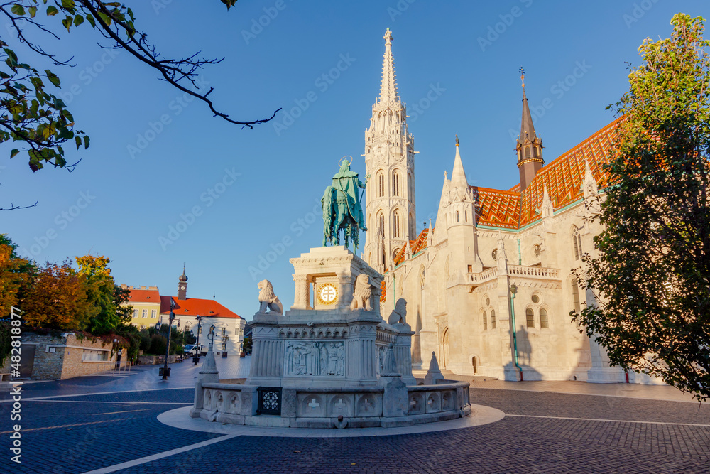 Matthias church and statue of St. Stephen in Fisherman Bastion, Budapest, Hungary