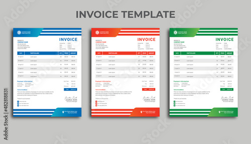 Invoice minimal design for corporate business.Clean invoice template in 3 different colors. Print-ready business price invoices and payment agreement vector bill stationery design templates.