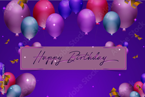 happy birthday card with balloons violet background celebration photo