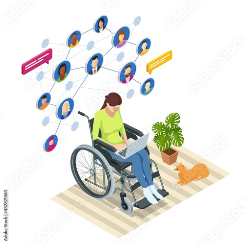 Isometric social network concept. Woman with a disability, woman with laptop using Social media, Marketing. Online messaging service. Chatting app. Person who uses a wheelchair, wheelchair user