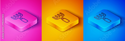 Isometric line Garden rake icon isolated on pink and orange, blue background. Tool for horticulture, agriculture, farming. Ground cultivator. Housekeeping equipment. Square button. Vector