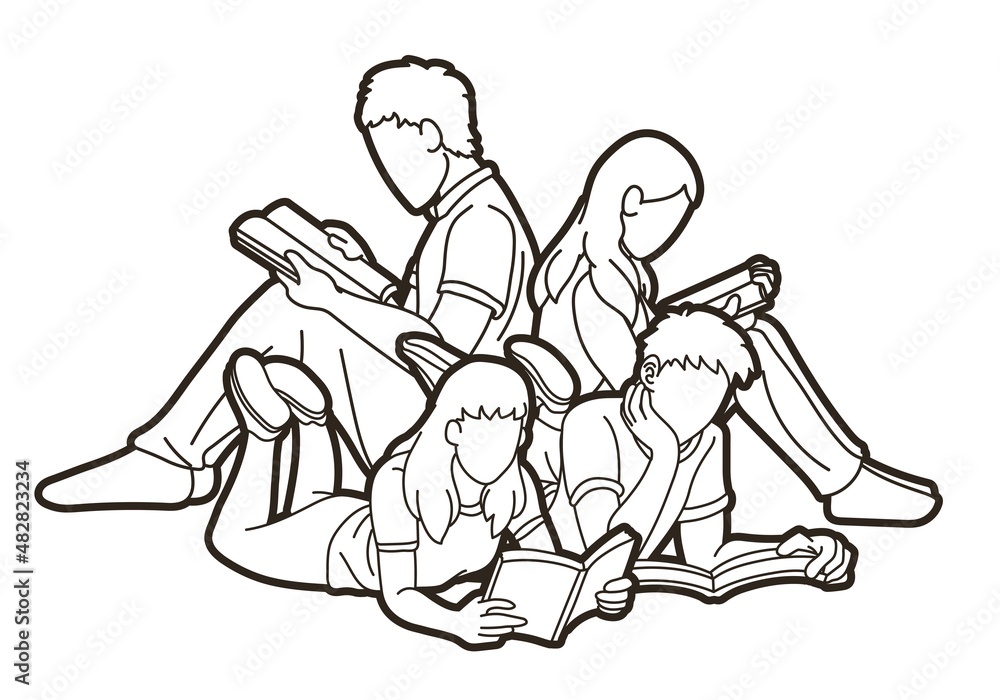 Group of People Reading Books Together Cartoon Graphic Vector