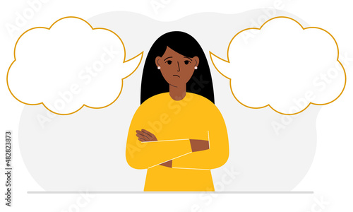 A sad woman tries to make the right decision. Left and right empty bubbles. Comparison of the two solutions.