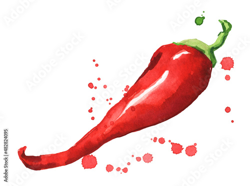 Fresh ripe red hot chili pepper watercolor illustration