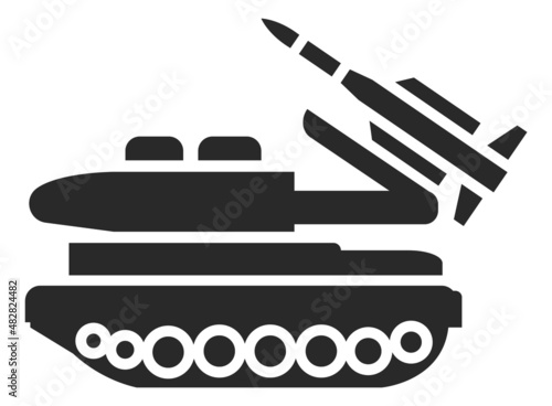 Rocket artillery vehicle on chain track. Military transport