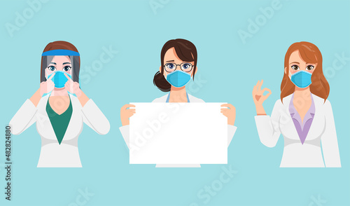 Set of Doctor woman gesture pose how to protect from coronavirus covid-19.