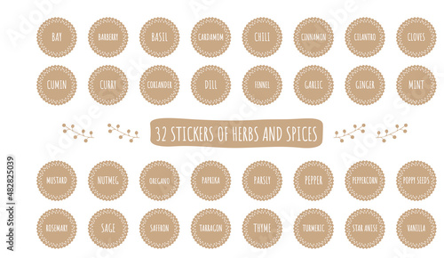 Set of herbs and spices stickers. Labels for packaging, food containers, SPA, cosmetics, healthcare, etc.