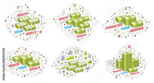 Different business and finance concepts with cash money 3D vector illustrations set isolated on white background.