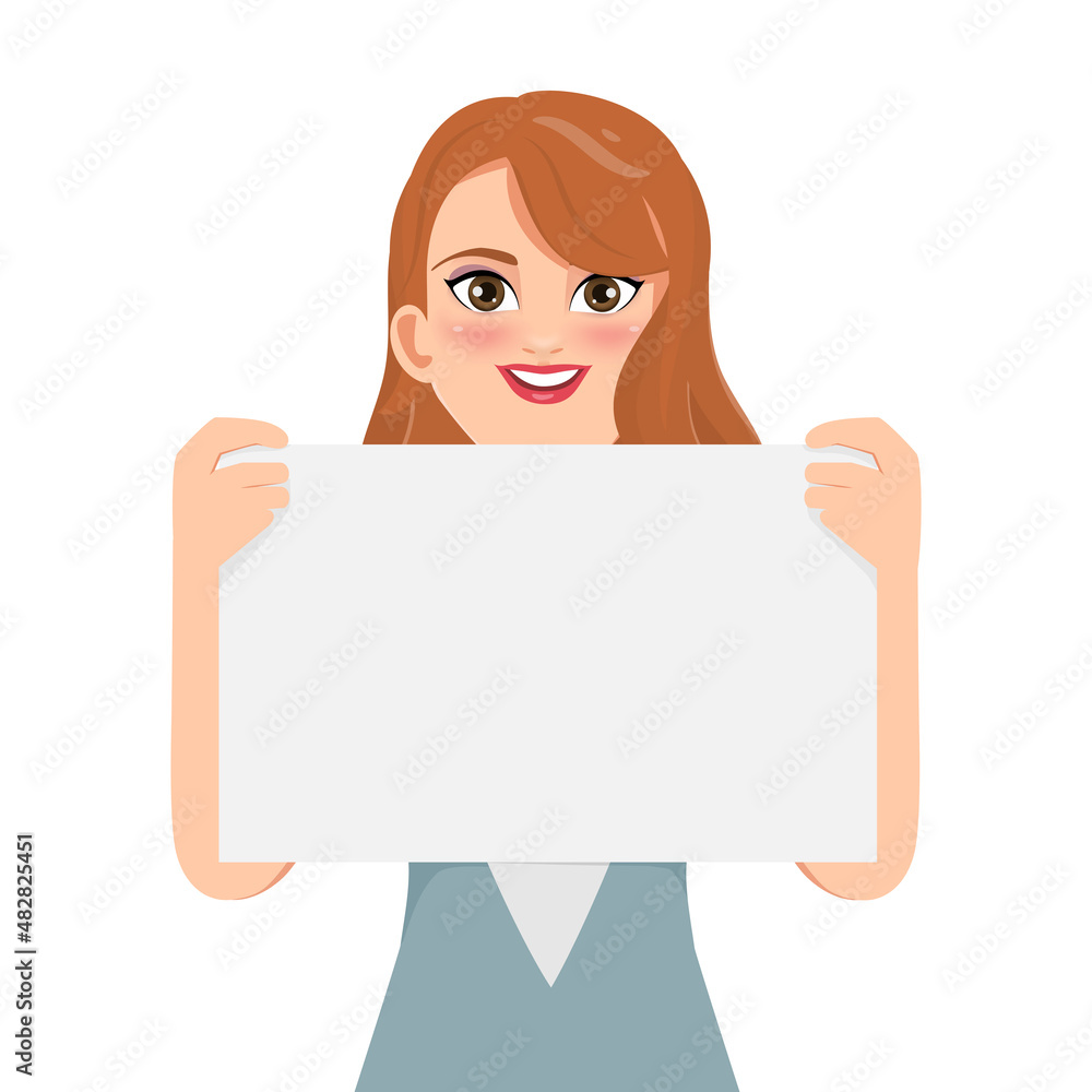 Beautiful portrait woman holding a white placard character gesture pose. Beautiful portrait woman holding a white placard character gesture pose.