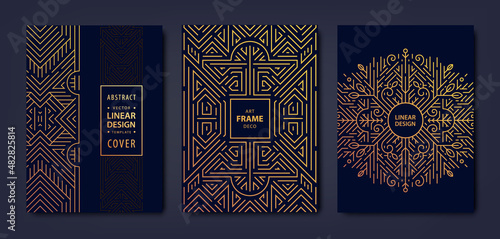 Set of vector Art deco golden covers. Creative design templates. Trendy graphic poster, gatsby brochure, design, packaging and branding. Geometric shapes, ornaments, elements.