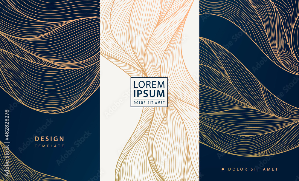 Set of vector collection design elements: flyers, frames, wedding invitations, social net stories, packaging, luxury products, perfume, soap, wine, lotion. Golden line waves, art deco. - obrazy, fototapety, plakaty 