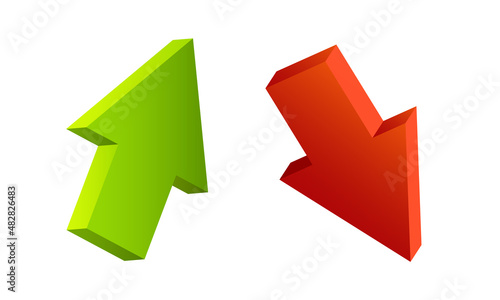 Up and down arrows. Vector red and green 3d arrow set isolated on white background.