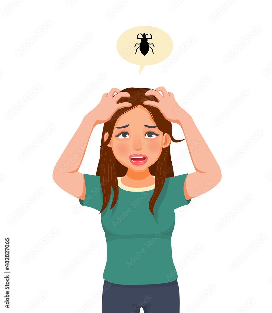 Upset young woman scratching her itchy scalp having problem with dandruff dry head skin and lice in hair