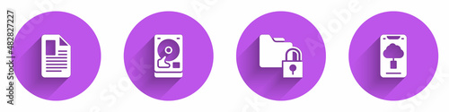 Set File document, Hard disk drive HDD, Folder and lock and Cloud technology data transfer icon with long shadow. Vector