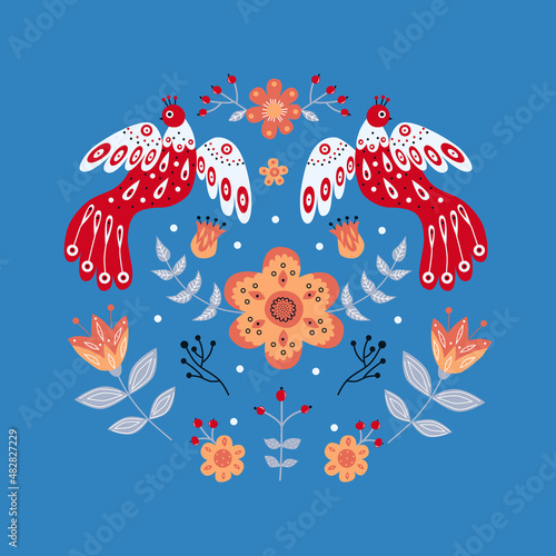 Vector ornament with various birds, flowers and leaves with different folk compositions. Motif in scandinavan style. Ethnic flat illustration with nordic detailed in trendy colors