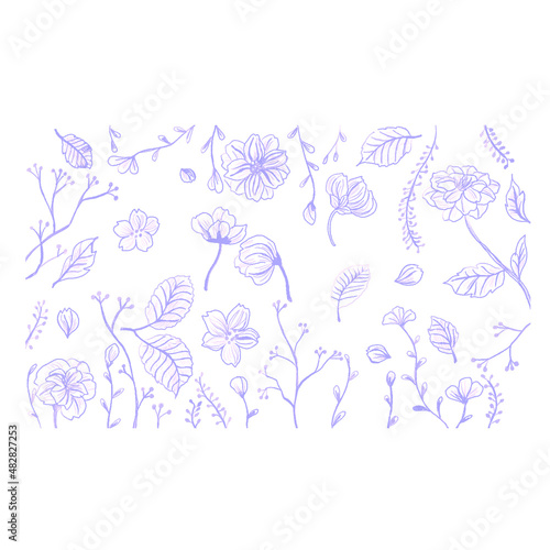 花と葉の線画ベクターイラスト背景