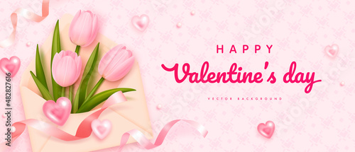 Happy valentines day greeting horizontal banner with realistic envelope and tulips. Vector illustration
