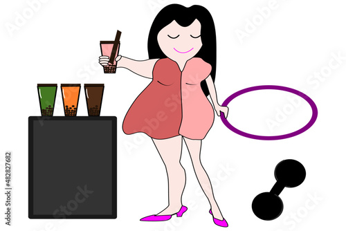 vector concept of woman drinking Bubble tea and getting fat and exercising