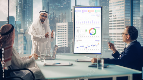 Emirati Businessman Holds Meeting Presentation for International Business Partners. Manager Uses Whiteboard with Growth Analysis, Charts, Statistics and Data. Saudi, Emirati, Arab Office Concept.