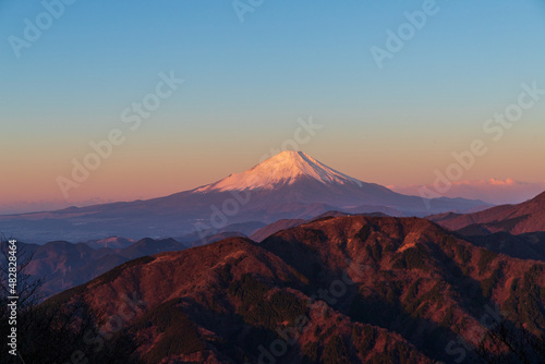丹沢山系大山頂上から夜明けの富士山