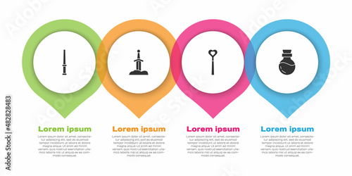 Set Magic wand, Sword in the stone, and Bottle with potion. Business infographic template. Vector