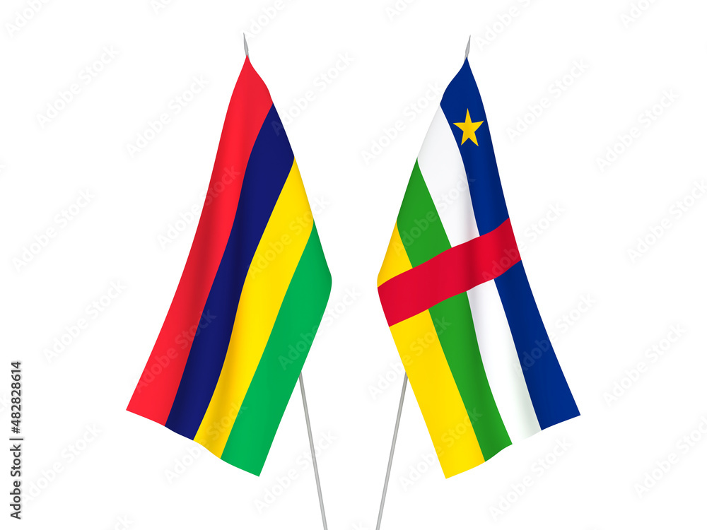 National fabric flags of Republic of Mauritius and Central African Republic isolated on white background. 3d rendering illustration.