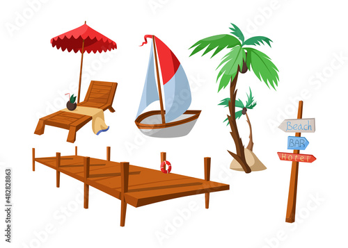 Summer holiday elements vector illustrations set. Wooden dock, boardwalk or pier, boat for fishing on lake, wood pole with beach, bar and hotel signs isolated on white background. Vacation concept