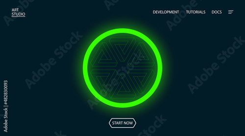 ART Studio. Transformation and evolution background design for landing page. Abstract geometric composition for a site. Green circle  and penrose triangles minimalistic tempale vector illustration.