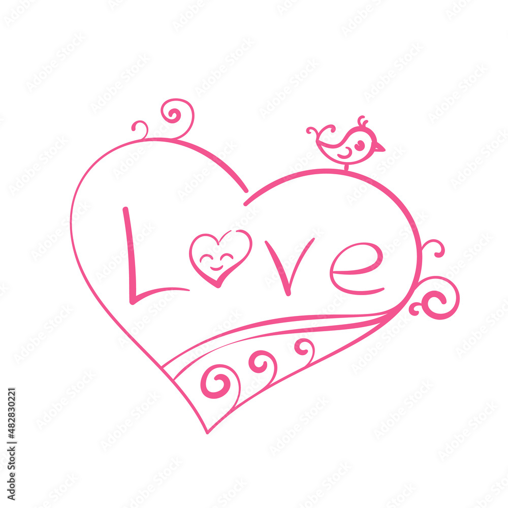 Hand drawn simple flat drawing of heart with word Love inside and with cute tiny bird