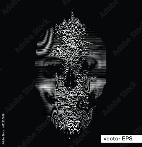 Sound wave graph vector halftone black and white illustration of skull head from 3D rendering. 