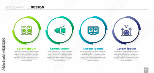 Set Stereo speaker, Movie spotlight, DJ remote and mixing music and Drums. Business infographic template. Vector