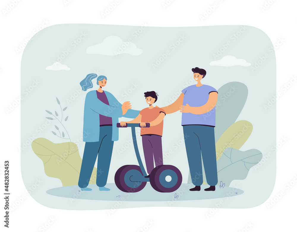 Mom and dad helping son riding electric personal transporter. Husband, wife and child spending time outside together flat vector illustration. Family, outdoor activity, technology concept for banner